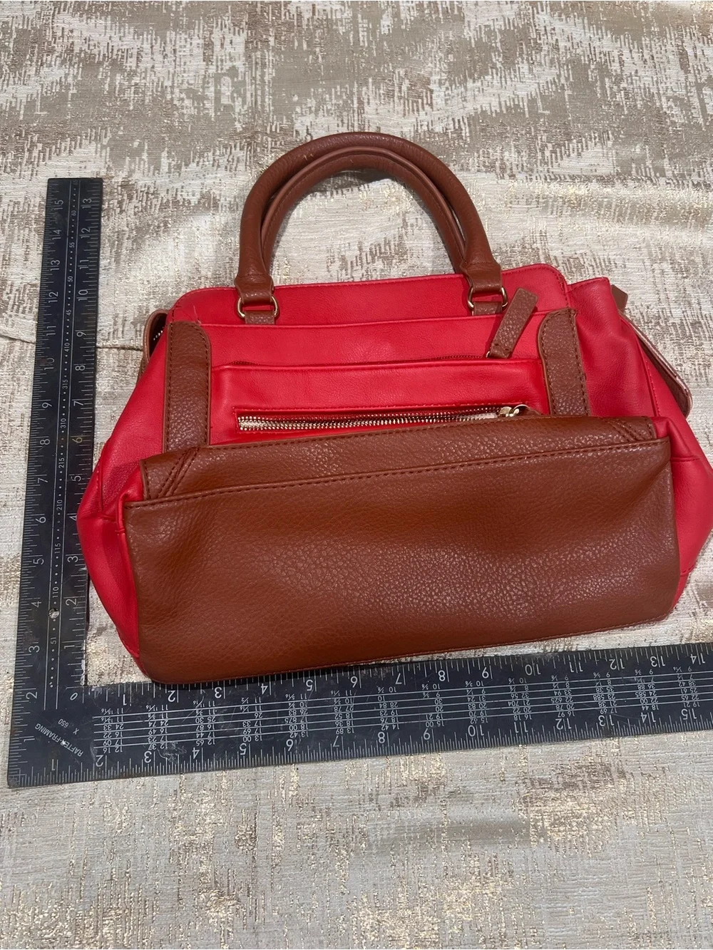 Red Women's Satchel Handbag with Brown Trim